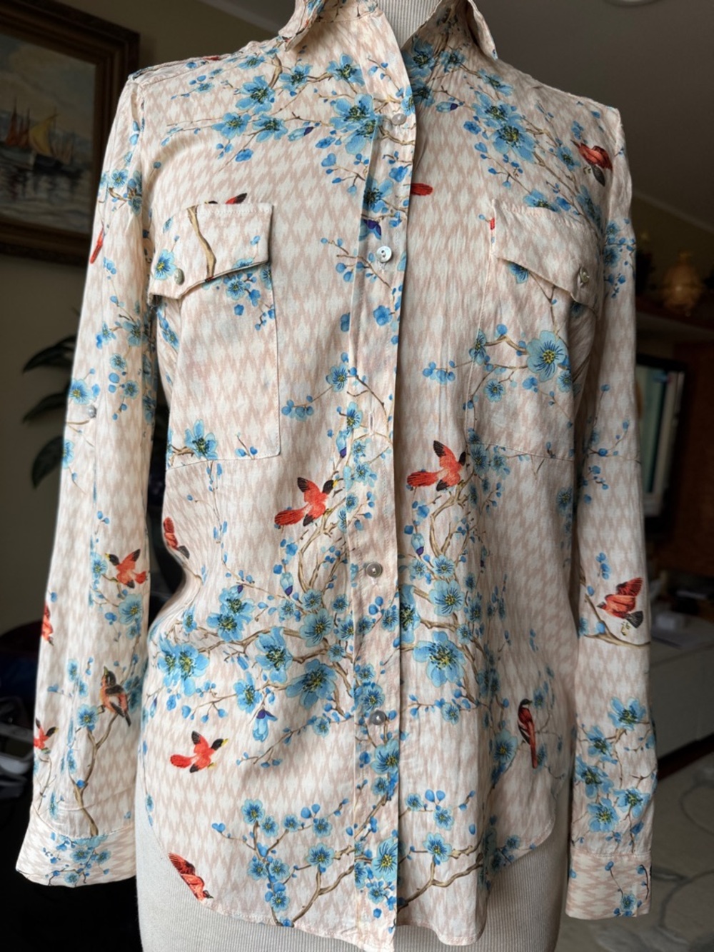 Floral Button-Up Shirt with Blue & Red Bird Print